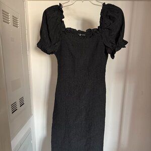 PrettyGarden Black Smocked Puff Sleeve Midi Dress – Size M